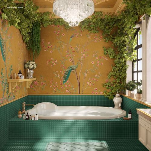 PSD mockup of a Mediterranean-inspired bathroom with leafy vines, floral wallpaper, and a classic bathtub setup.