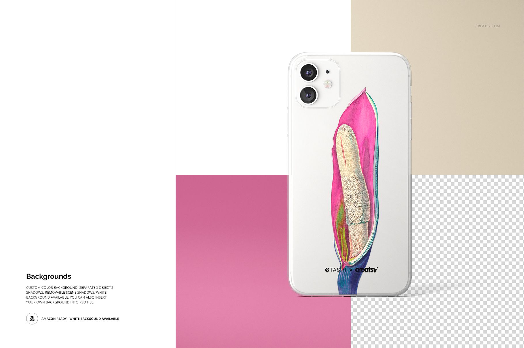 Clear iPhone 11 case mockup featuring a colorful abstract design, shown upright against a multi-color background.