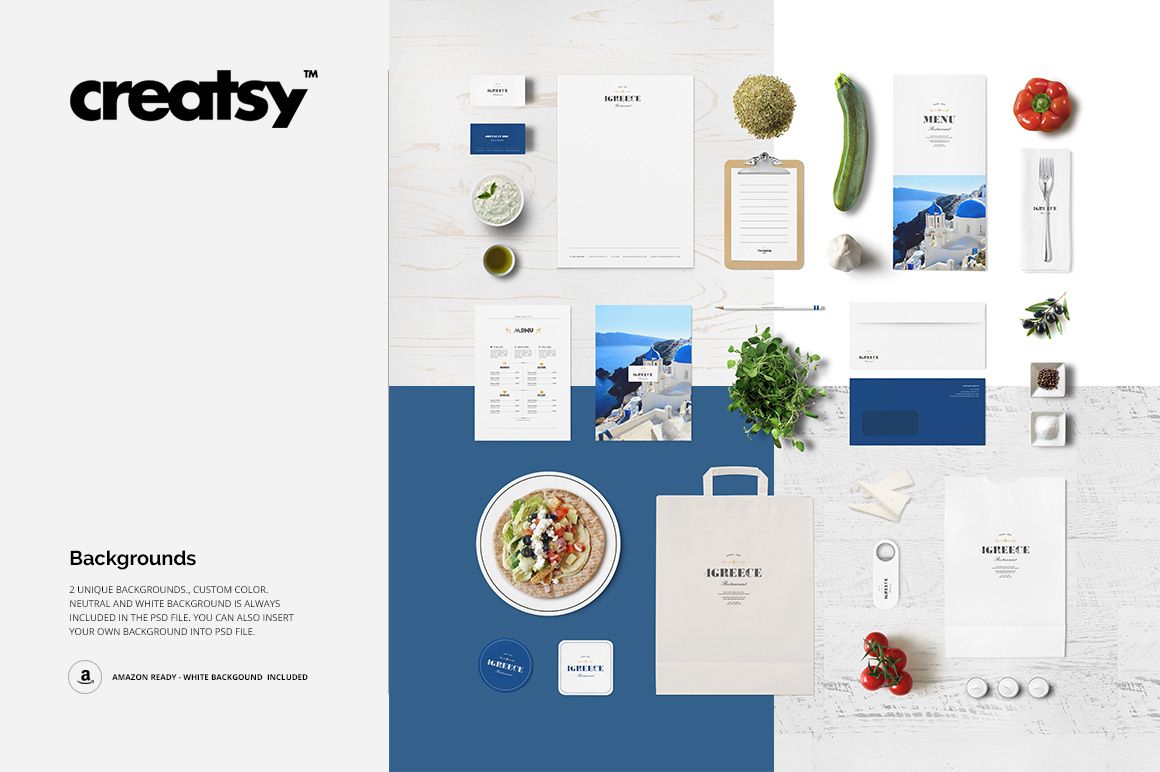 Greek restaurant branding mockup with stationery, menu, plate of salad, vegetables, and packaging on a white surface.