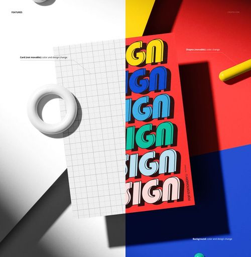 Front view of a stationery poster card mockup, split between white grid and colorful abstract design, with geometric props.