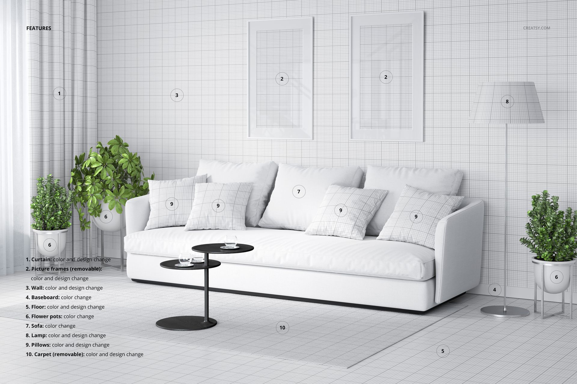 Home decor PSD mockup showing a white sofa with patterned cushions, black coffee tables, and indoor plants.