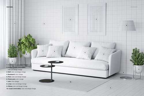 Home decor PSD mockup showing a white sofa with patterned cushions, black coffee tables, and indoor plants.