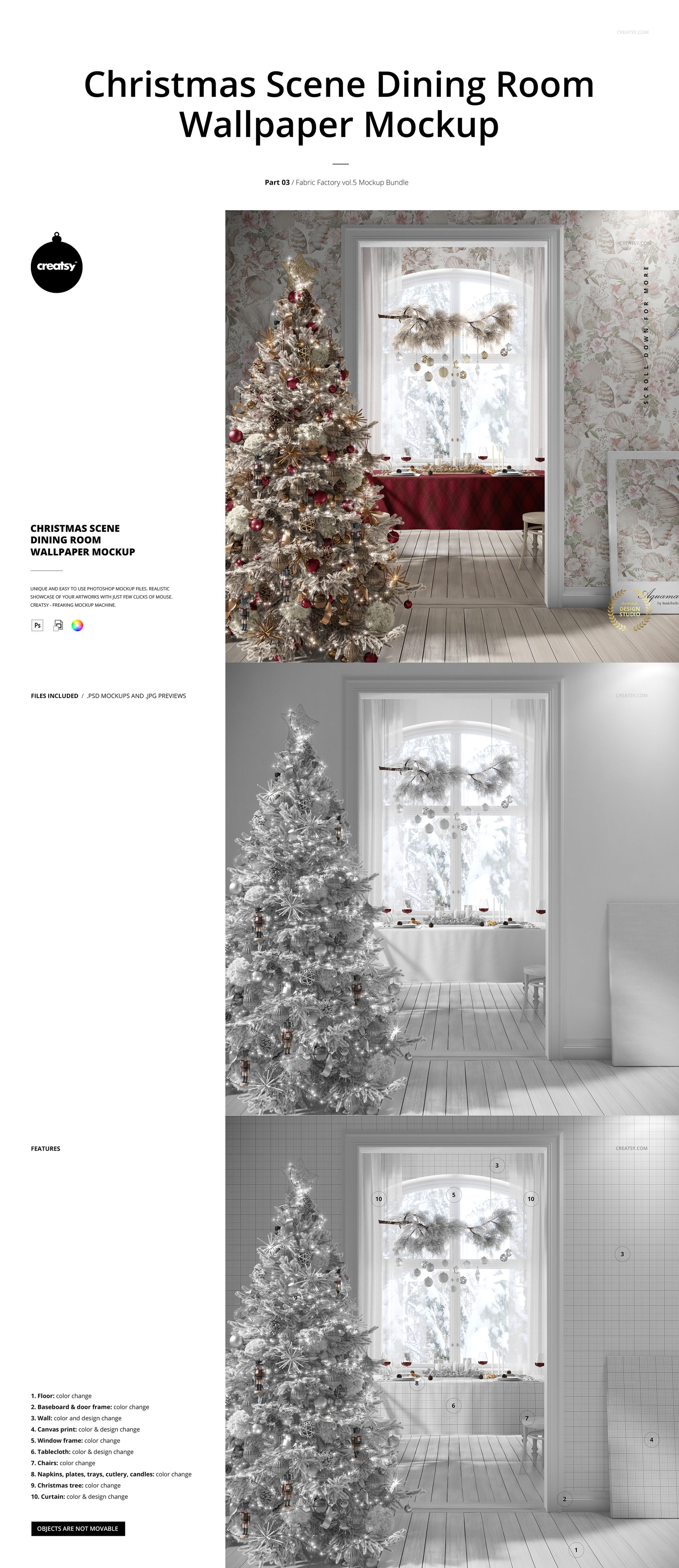 Front view of a dining room decorated for Christmas with a tree, festive ornaments, and patterned wallpaper mockup.