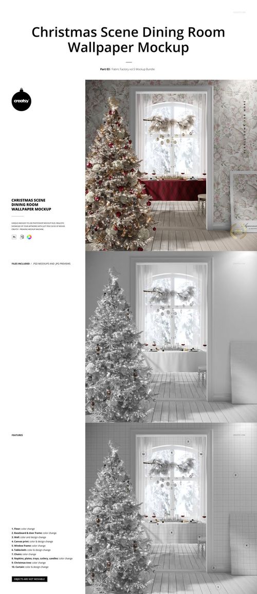 Front view of a dining room decorated for Christmas with a tree, festive ornaments, and patterned wallpaper mockup.
