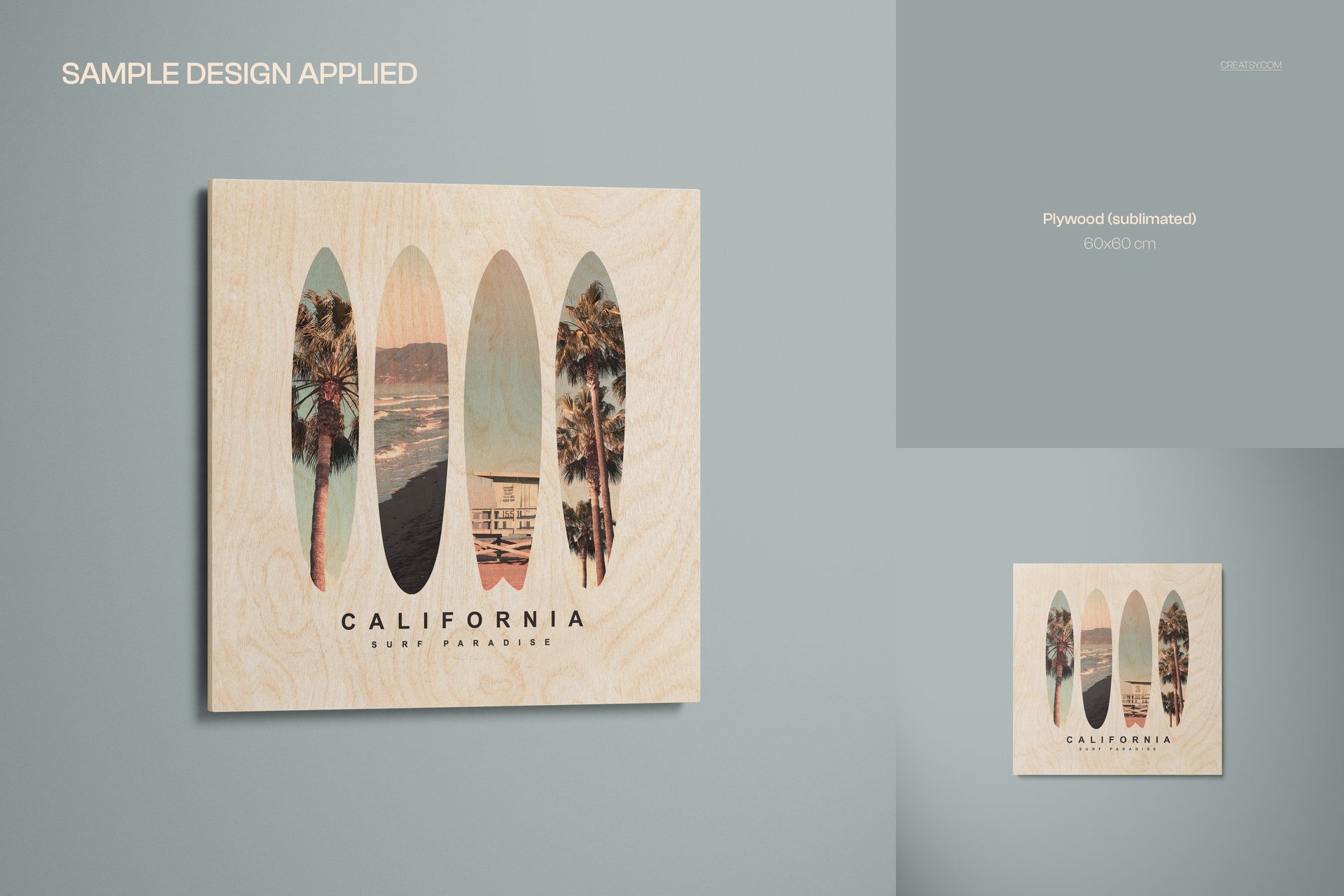 Front view of a rectangular plywood wall art mockup featuring a California-themed photo design on a light wood background.