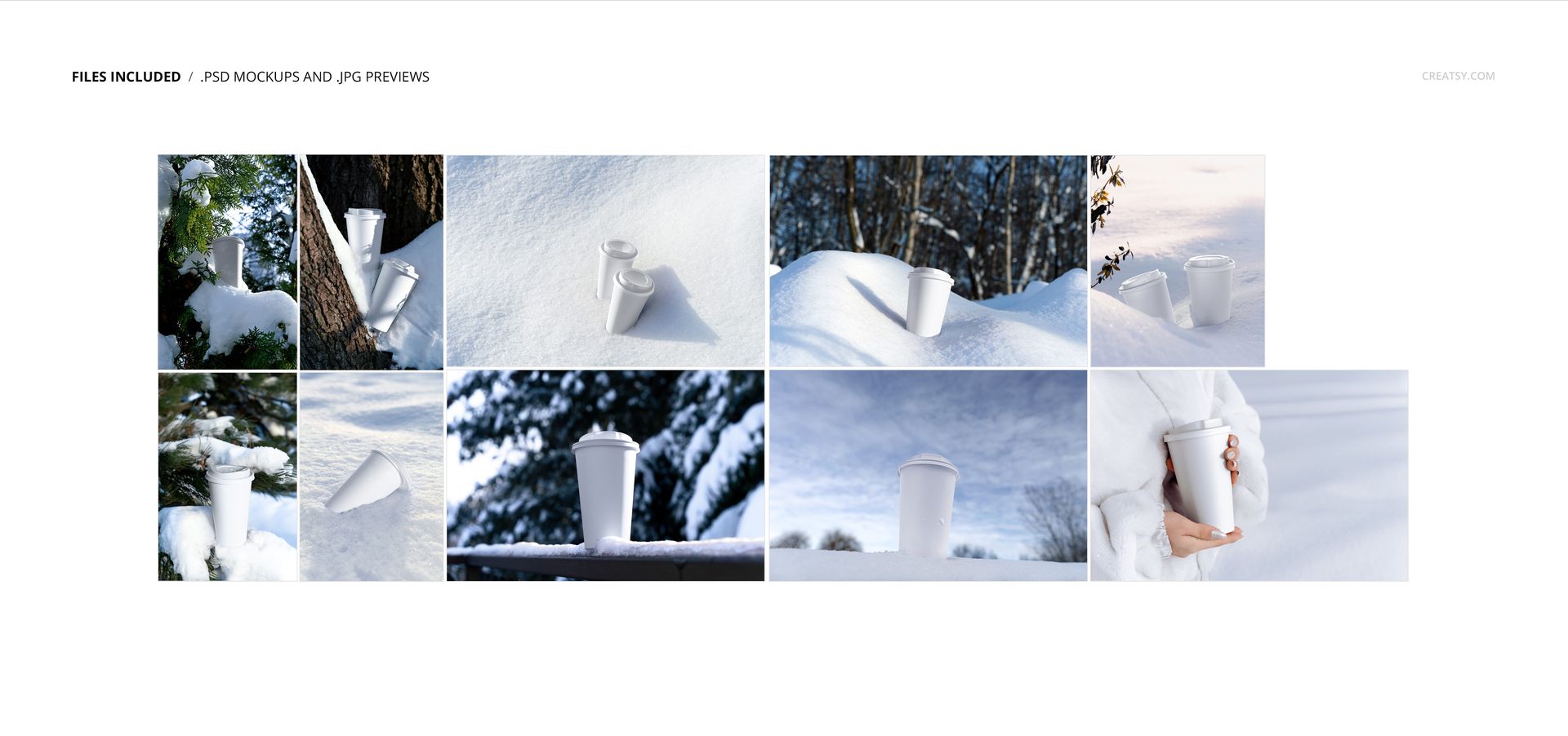 Set of white paper cups and lids arranged on snow-covered scenes, highlighting different mockup perspectives and settings.