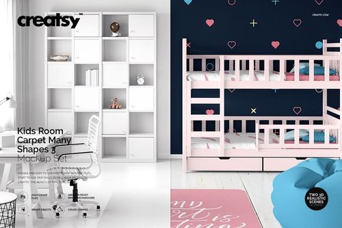 Kids room carpet mockup featuring a rectangular pink rug on a light floor, next to a pink bunk bed and white shelving.