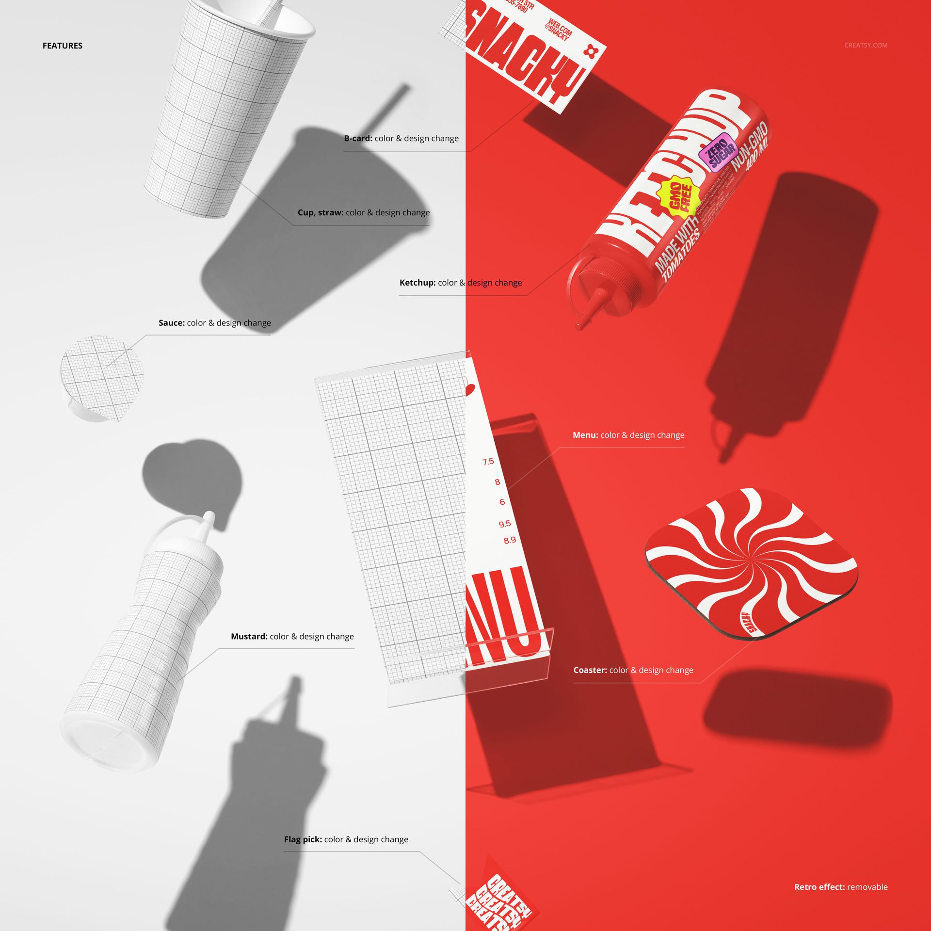 Floating fast food packaging mockup with ketchup bottle, cup, coaster, and sauce container on split red and white background.