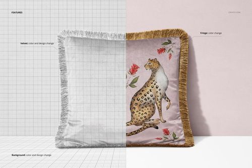 Front view of a square velvet pillow mockup with fringed edges, split between plain and floral leopard design on pink.