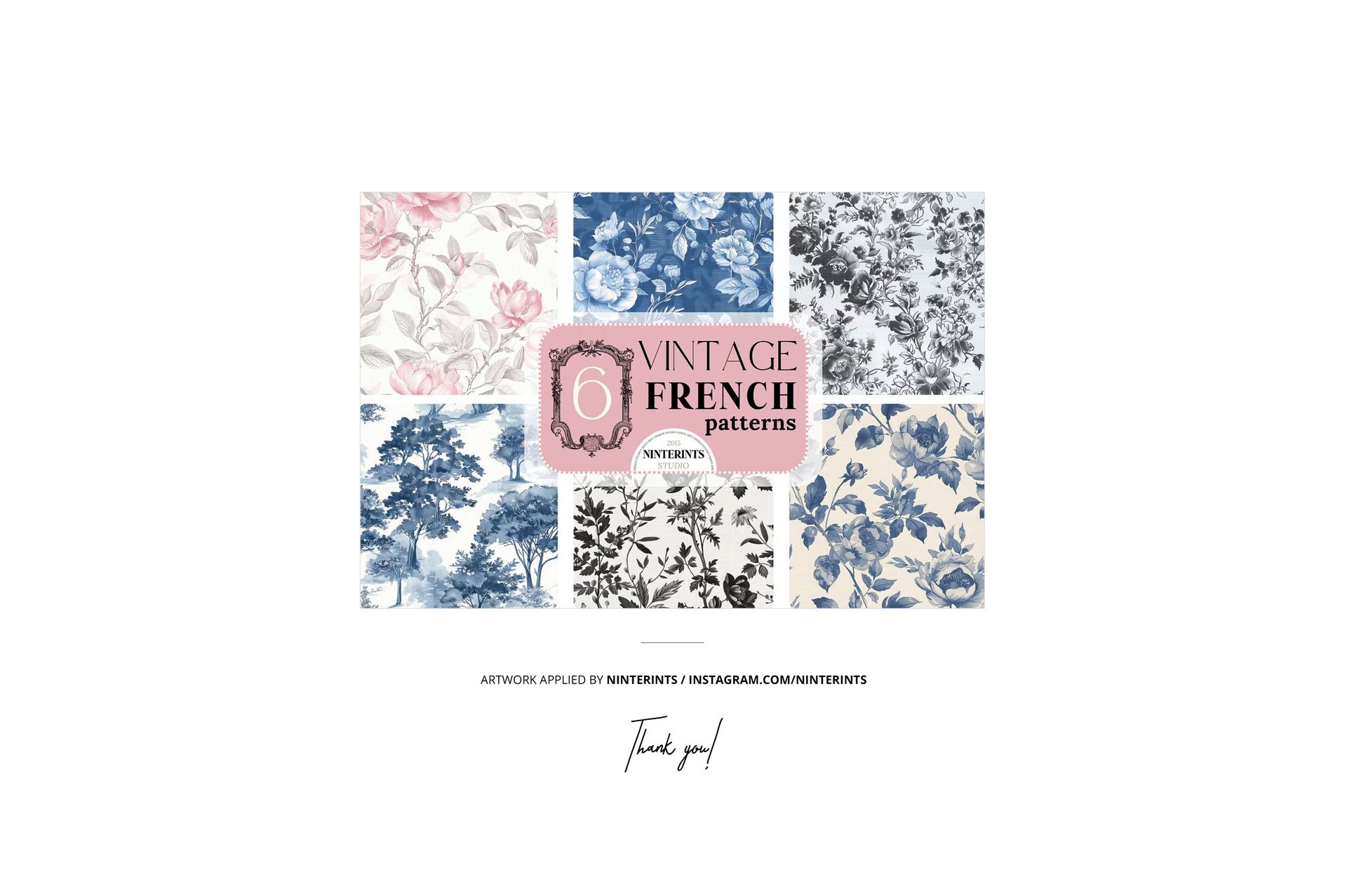 Fabric mockup showing a variety of rolled and folded textiles with intricate vintage French patterns in soft hues.