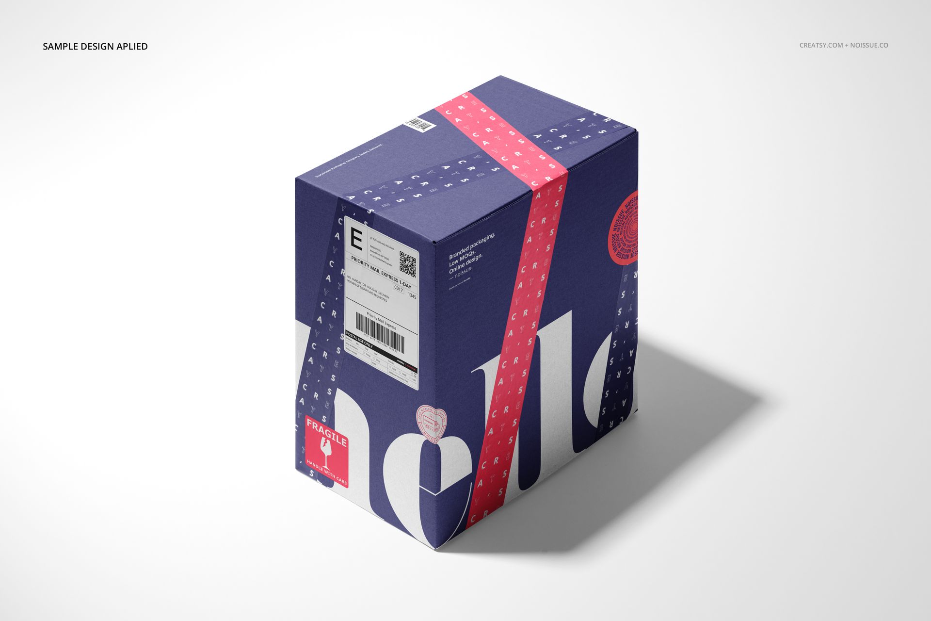 Mockup of a square mailer box featuring a large white text pattern, red tape, and a printed shipping label on top.