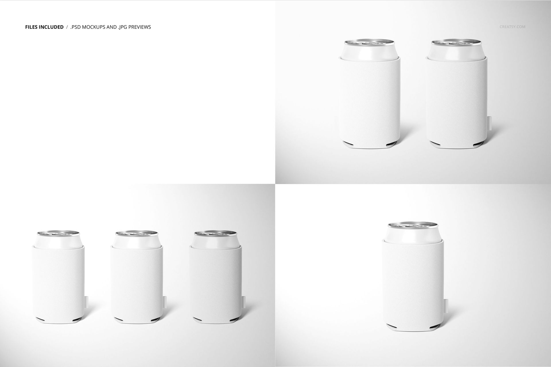 PSD mockup of neoprene can coolers with white sleeves and metallic cans, arranged in pairs on a minimal white surface.
