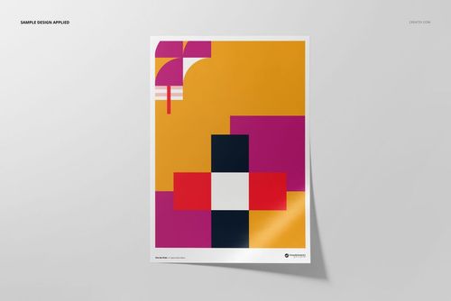 A3 fine art print mockup featuring a geometric abstract design in yellow, magenta, red, and white on a light surface.