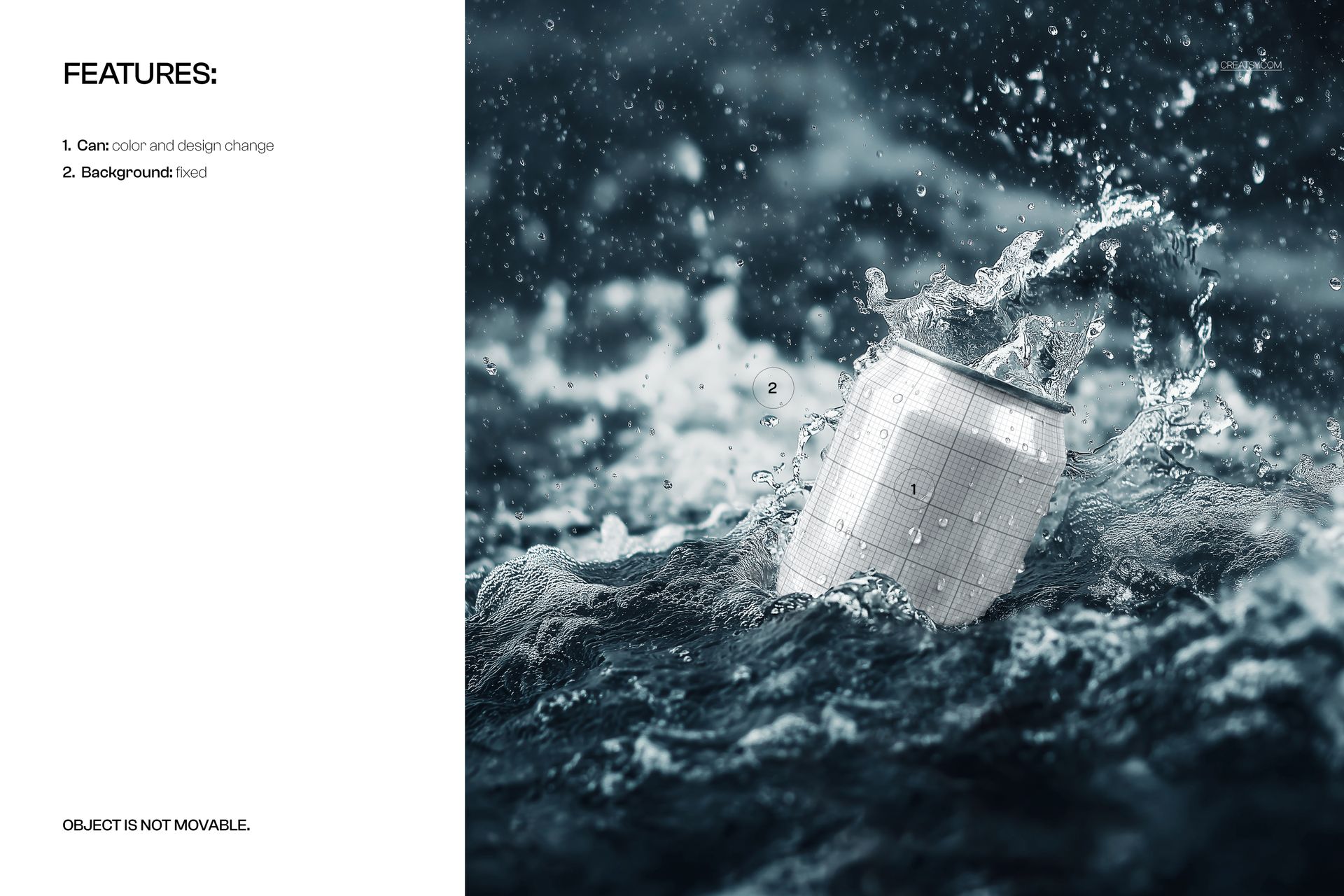 Silver drink can mockup floating in dark water with splashes, shown in a dynamic front perspective.