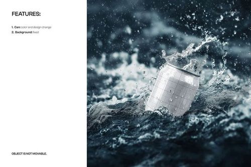 Silver drink can mockup floating in dark water with splashes, shown in a dynamic front perspective.