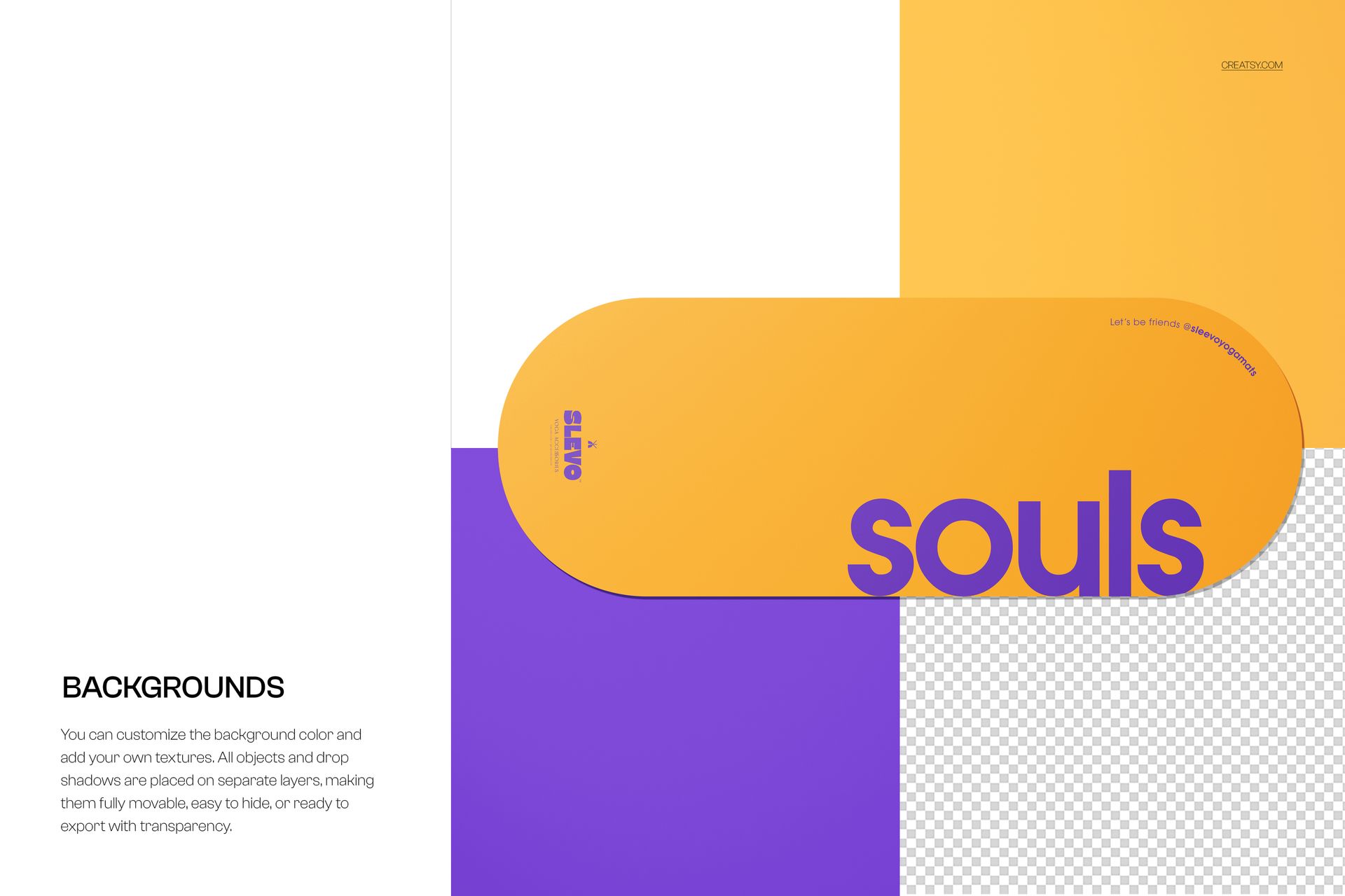 PSD mockup of an oval yoga mat with orange and purple sections, displayed flat against a geometric background.