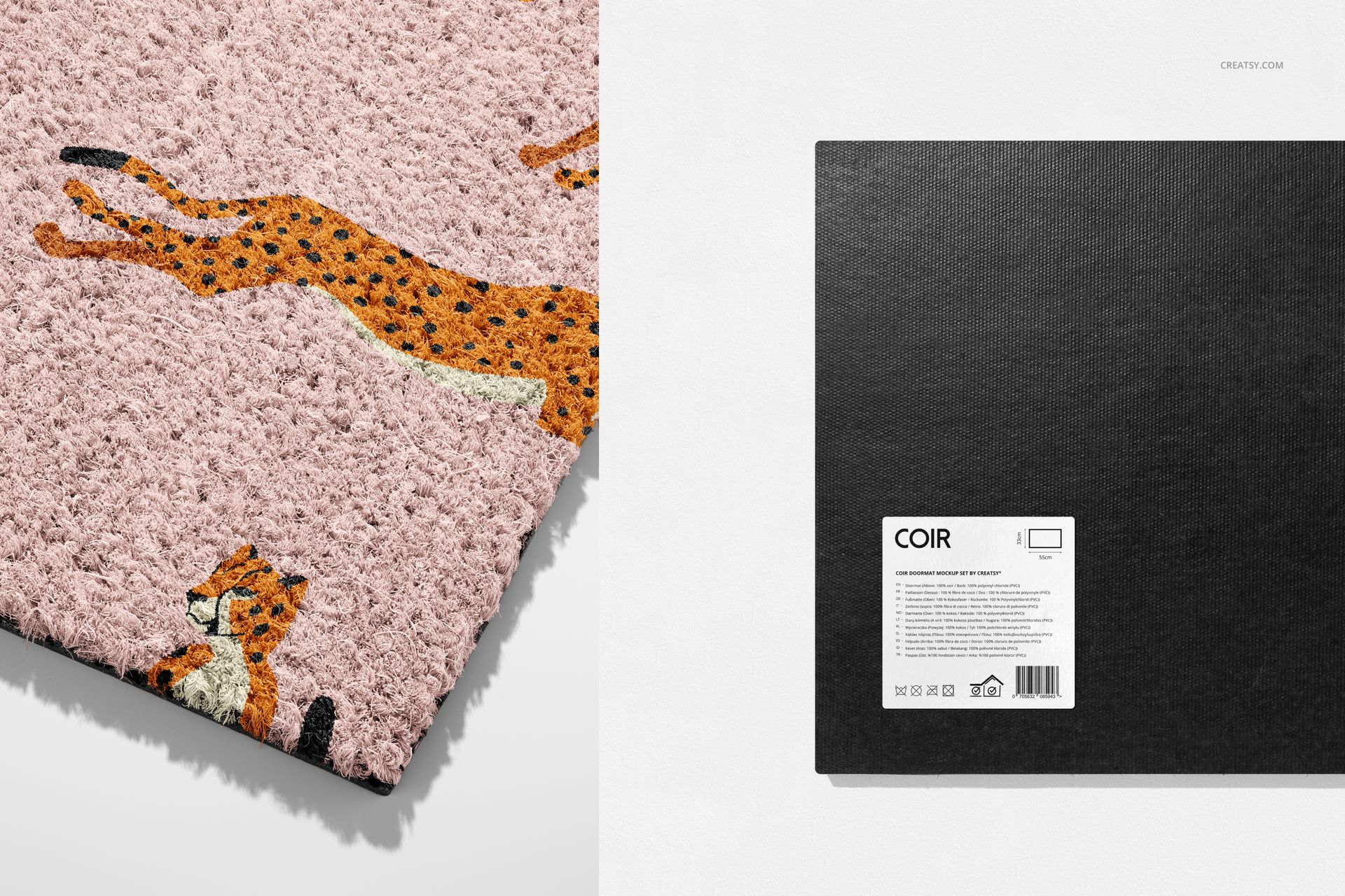 Mockup set showing a textured coir mat with animal print design, alongside the product's packaging and label.