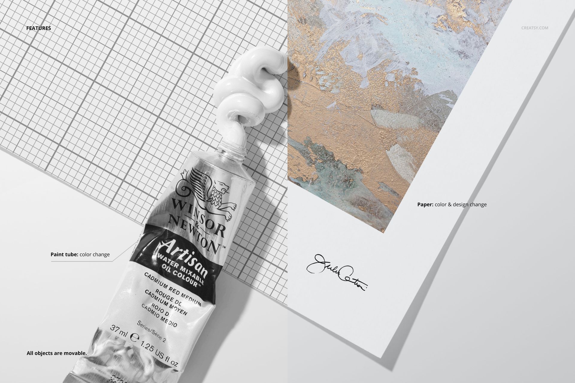 Paint tube with white paint and textured artistic paper displayed side by side in a detailed PSD mockup scene.