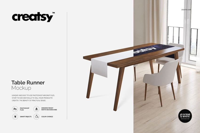 PSD mockup showing a table runner with editable design on a rectangular wooden table next to a white chair.