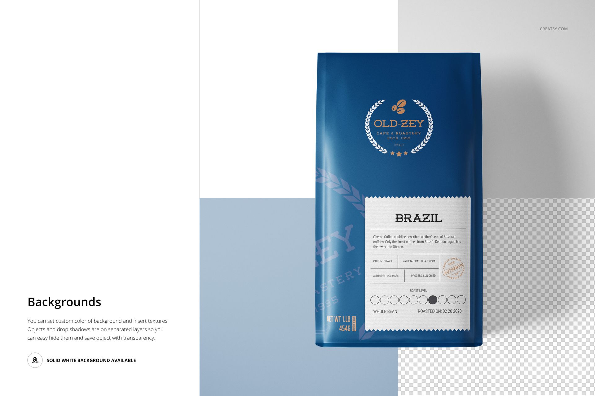 Front view of a blue paper coffee bag with a white label, displayed on a light background with PSD mockup features.
