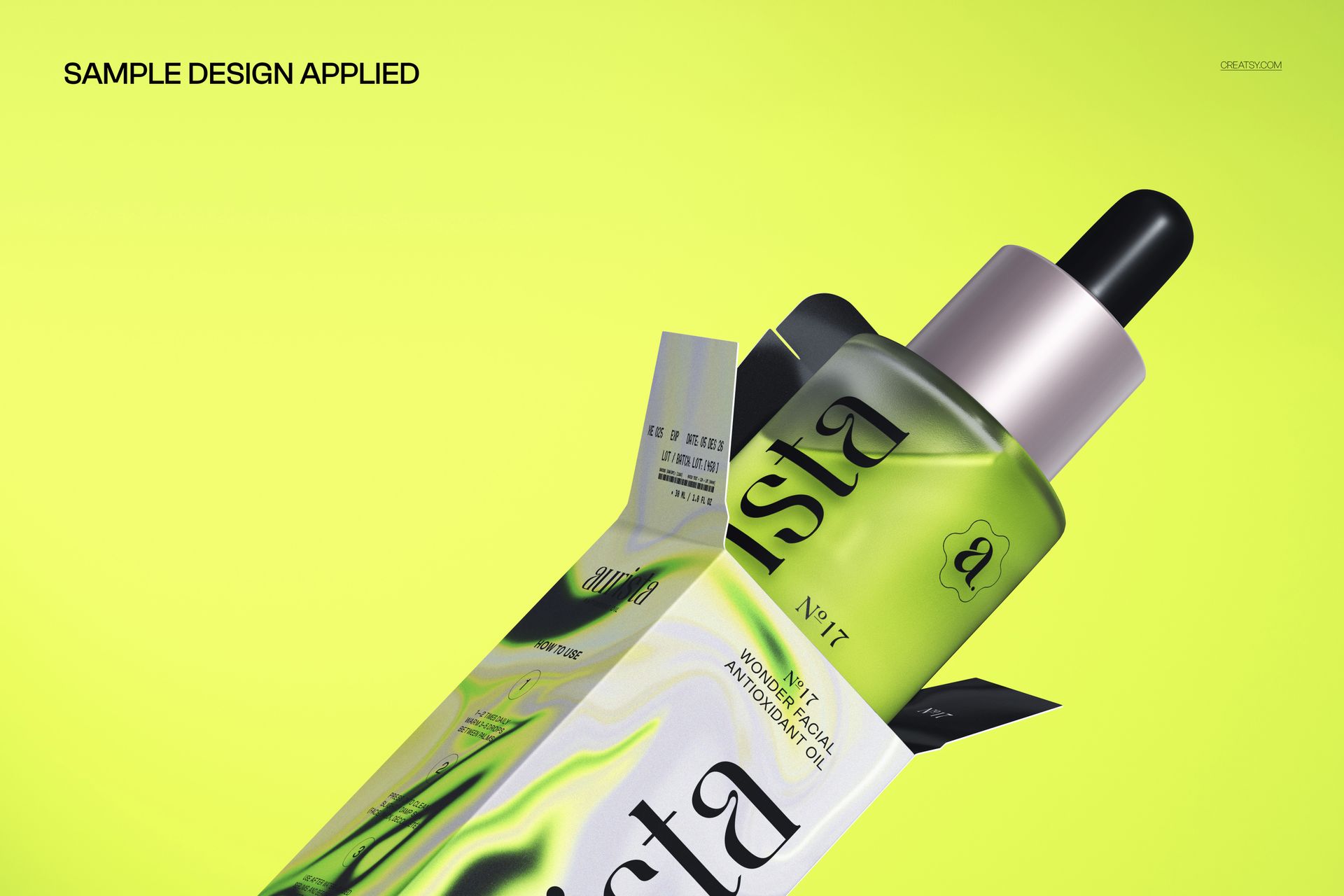 Open packaging with a sliding serum bottle mockup, featuring green and black colors on a yellow background, angled view.