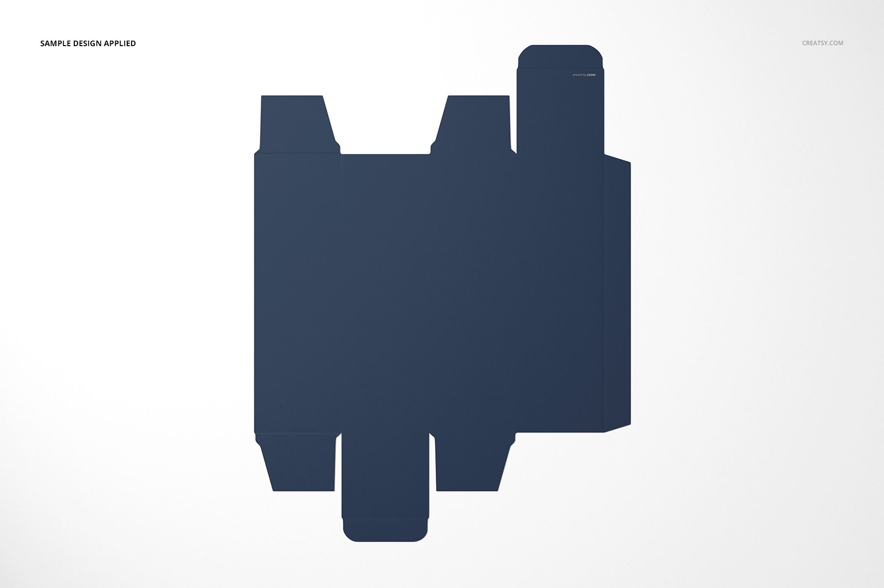 Flat lay view of a tall box packaging mockup with a solid dark blue color on a plain white background.