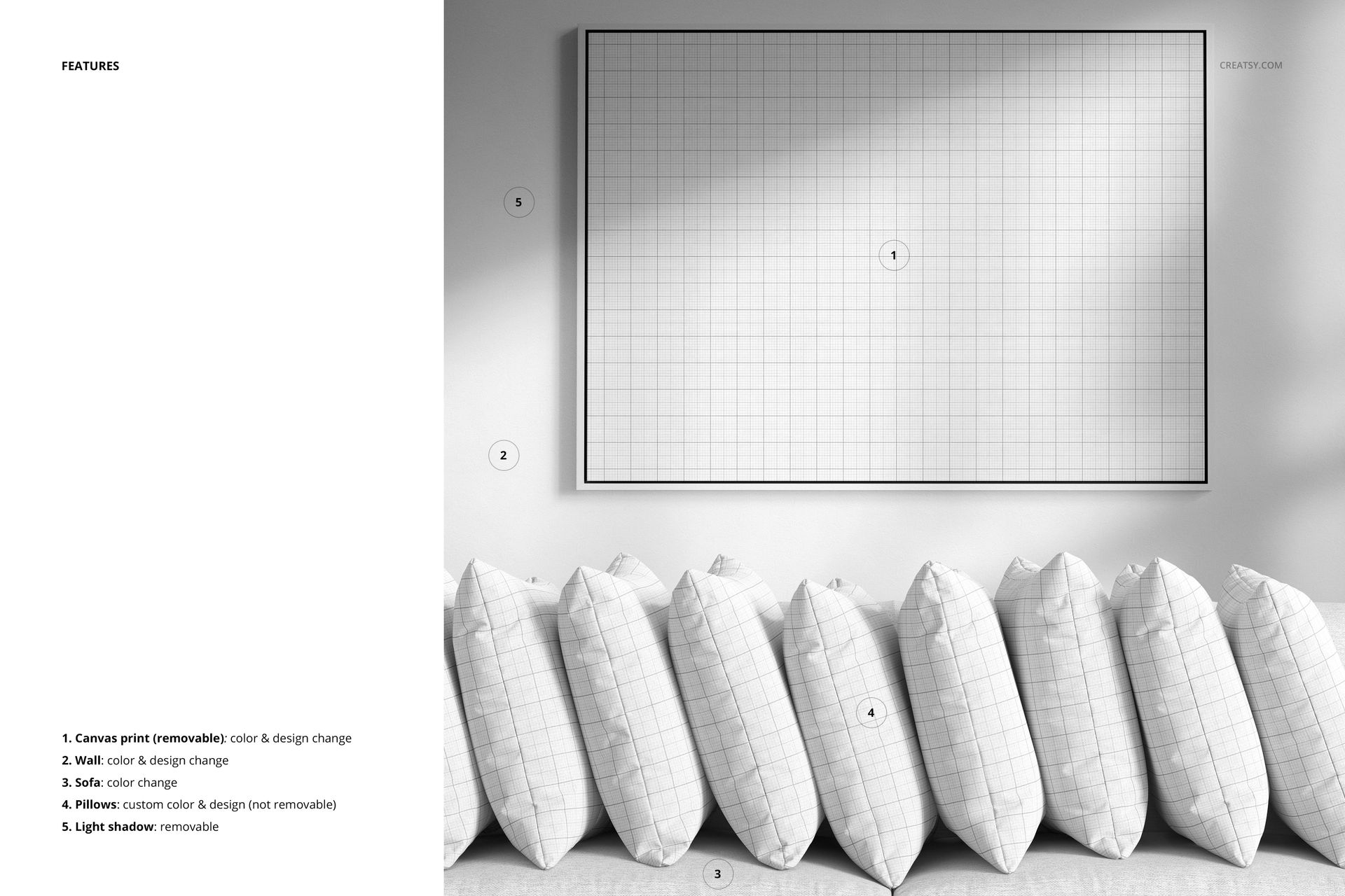 Row of grid-patterned pillows arranged side by side beneath a large framed grid print, shown in a PSD mockup scene.