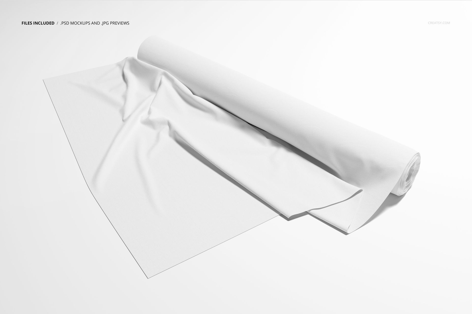 Rolled textile mockup featuring a plain white fabric partially unrolled, viewed from a slightly elevated perspective.