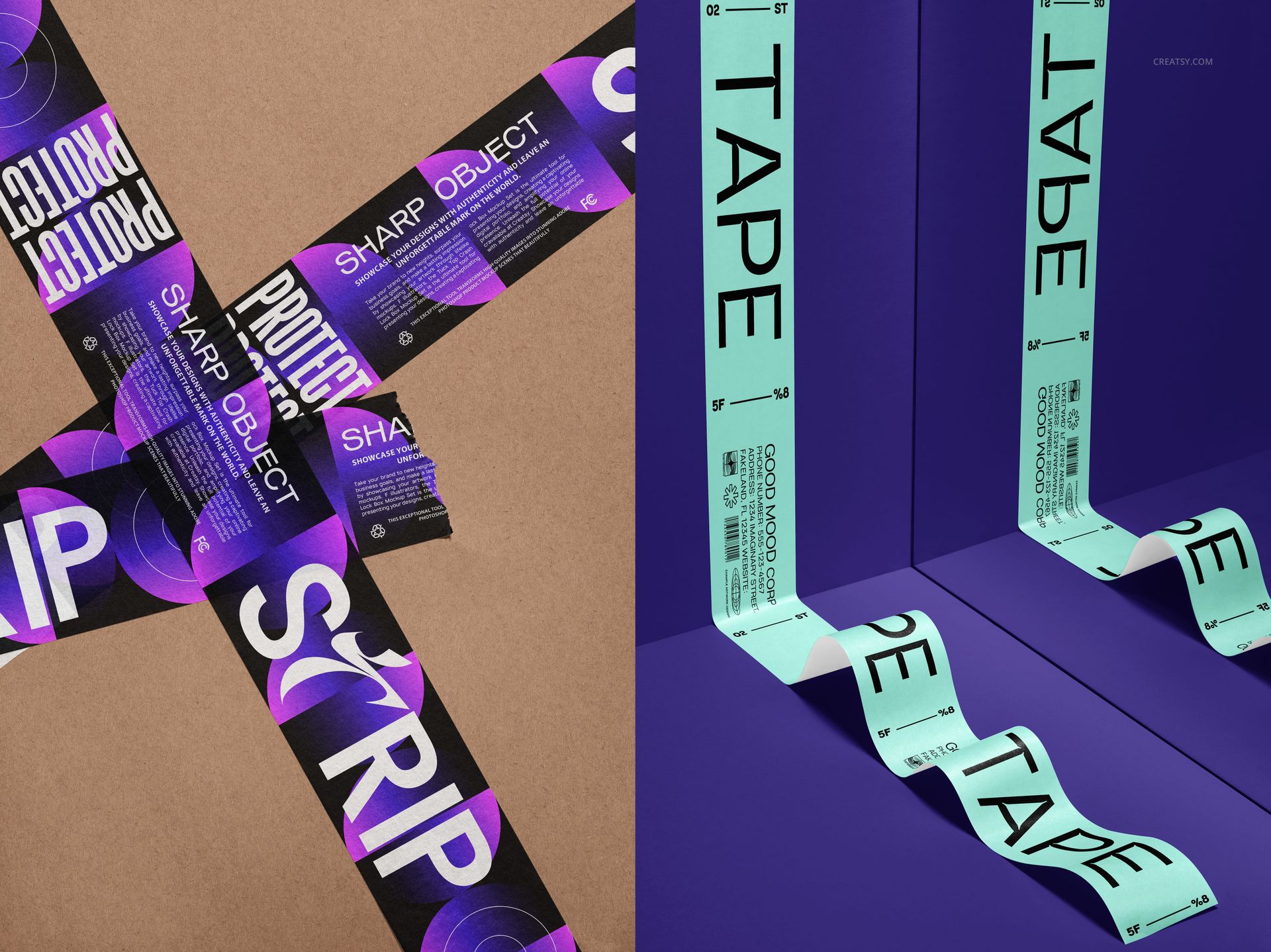 Packaging tape mockup featuring two designs, one with bold purple graphics on kraft paper and one with black text on mint tape.