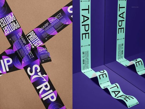 Packaging tape mockup featuring two designs, one with bold purple graphics on kraft paper and one with black text on mint tape.