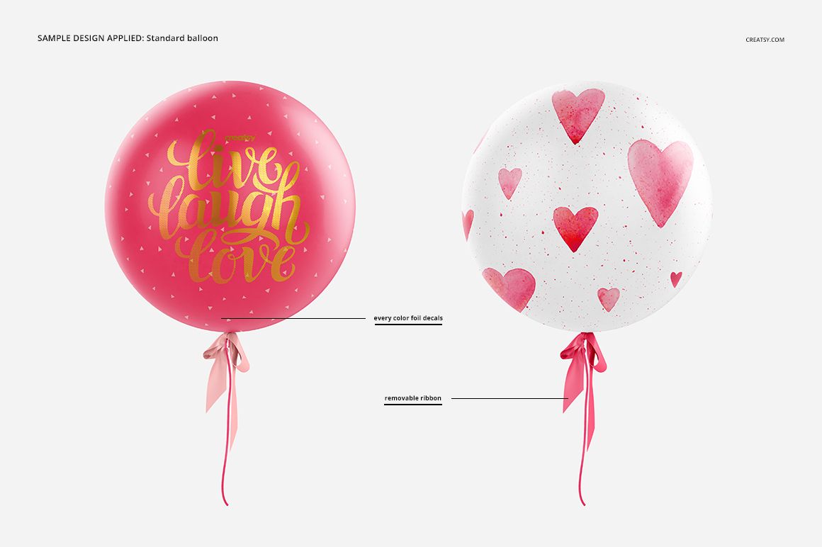 Sphere balloon PSD mockup featuring a pink balloon with gold lettering and a white balloon with pink hearts, both with bows.