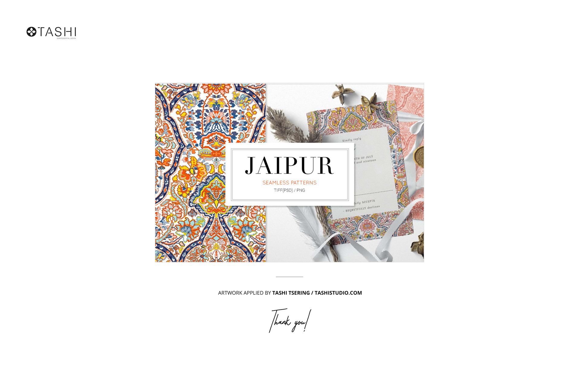 Front view of a paper wallpaper mockup featuring a vibrant floral pattern in orange, blue, and yellow tones.