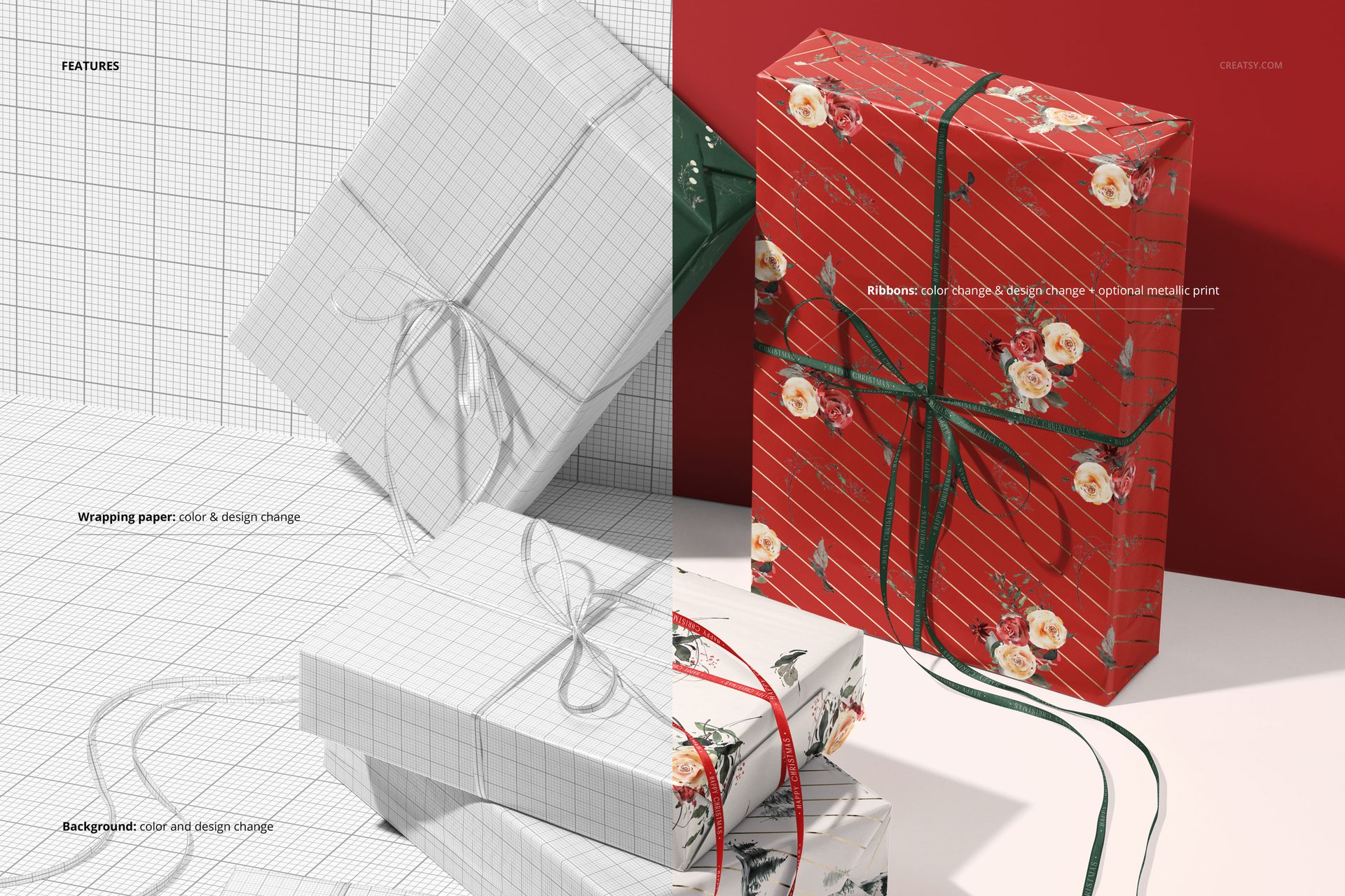 Christmas gifts mockup featuring variously sized boxes with decorative wrapping and bows, arranged in a festive scene.