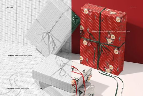 Christmas gifts mockup featuring variously sized boxes with decorative wrapping and bows, arranged in a festive scene.