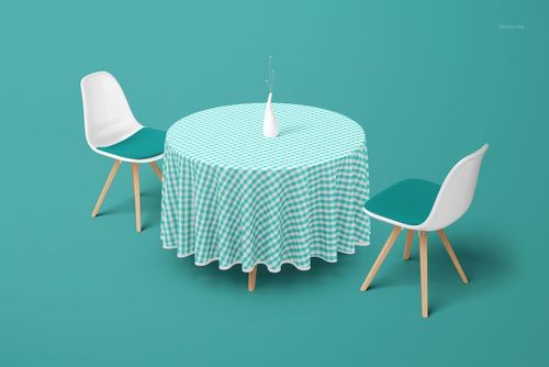 Mockup of a round tablecloth featuring a turquoise checkered design on a table with two white chairs and a vase.