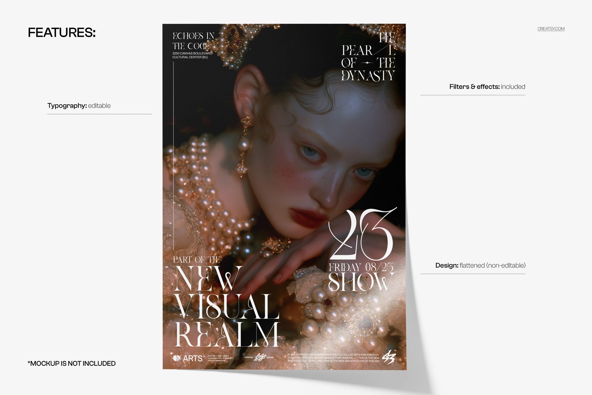 PSD mockup of a poster with a stylized female face, pearl accessories, ornate text, and a dark artistic background.