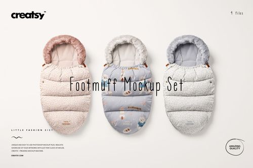 PSD mockup showing three baby footmuffs with distinct patterns and plush interiors, presented in a front-facing view.