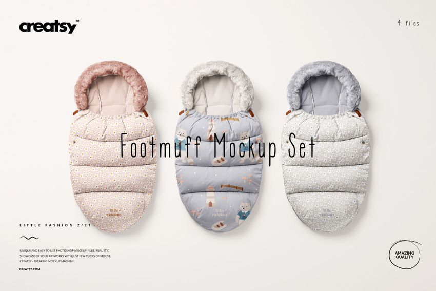 PSD mockup showing three baby footmuffs with distinct patterns and plush interiors, presented in a front-facing view.