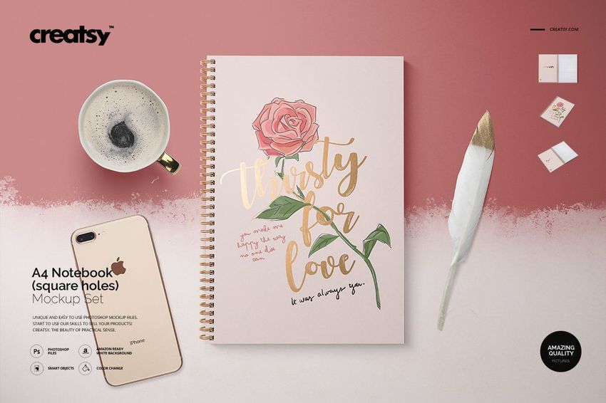 Top view of an A4 notebook mockup with square holes, spiral binding, and a pink cover with rose illustration.