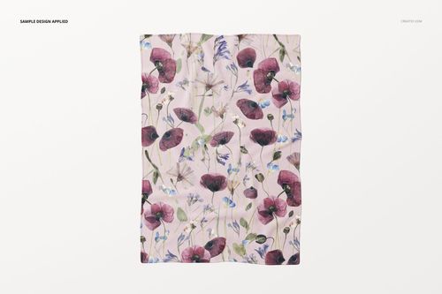Top view of a fleece throw blanket mockup featuring a botanical design with poppies and wildflowers on a pale background.