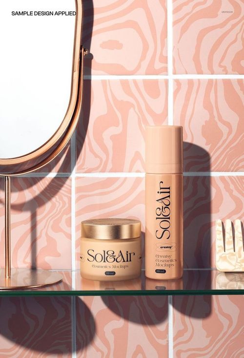 Skincare bottle and cream jar on a glass shelf in a bathroom mockup, next to a mirror and pink patterned tiles.