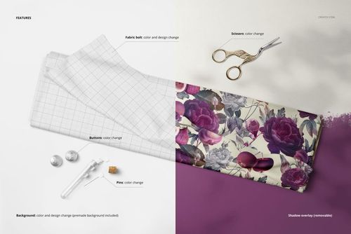 PSD mockup showing a fabric bolt with floral and grid patterns, tulip pins, scissors, and buttons arranged from a top perspective.