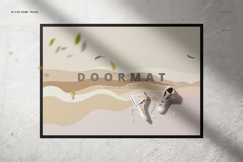 Top view of a door mat mockup featuring neutral wavy lines, black edge, scattered leaves, and white sneakers.