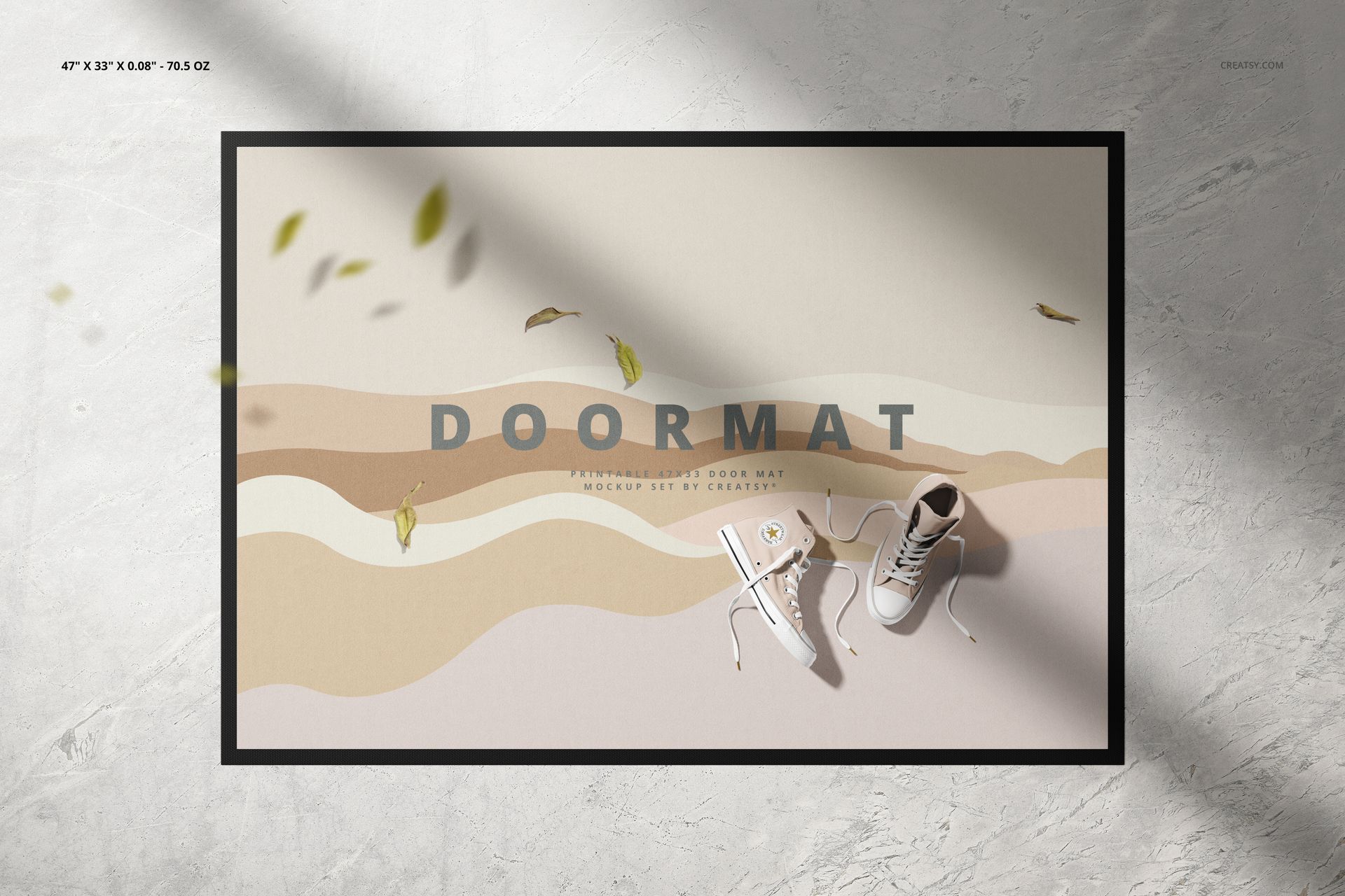 Top view of a door mat mockup featuring neutral wavy lines, black edge, scattered leaves, and white sneakers.