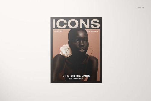 Front view of an 8.5x11 magazine mockup with a beige background, bold ICONS title, and minimalistic layout.