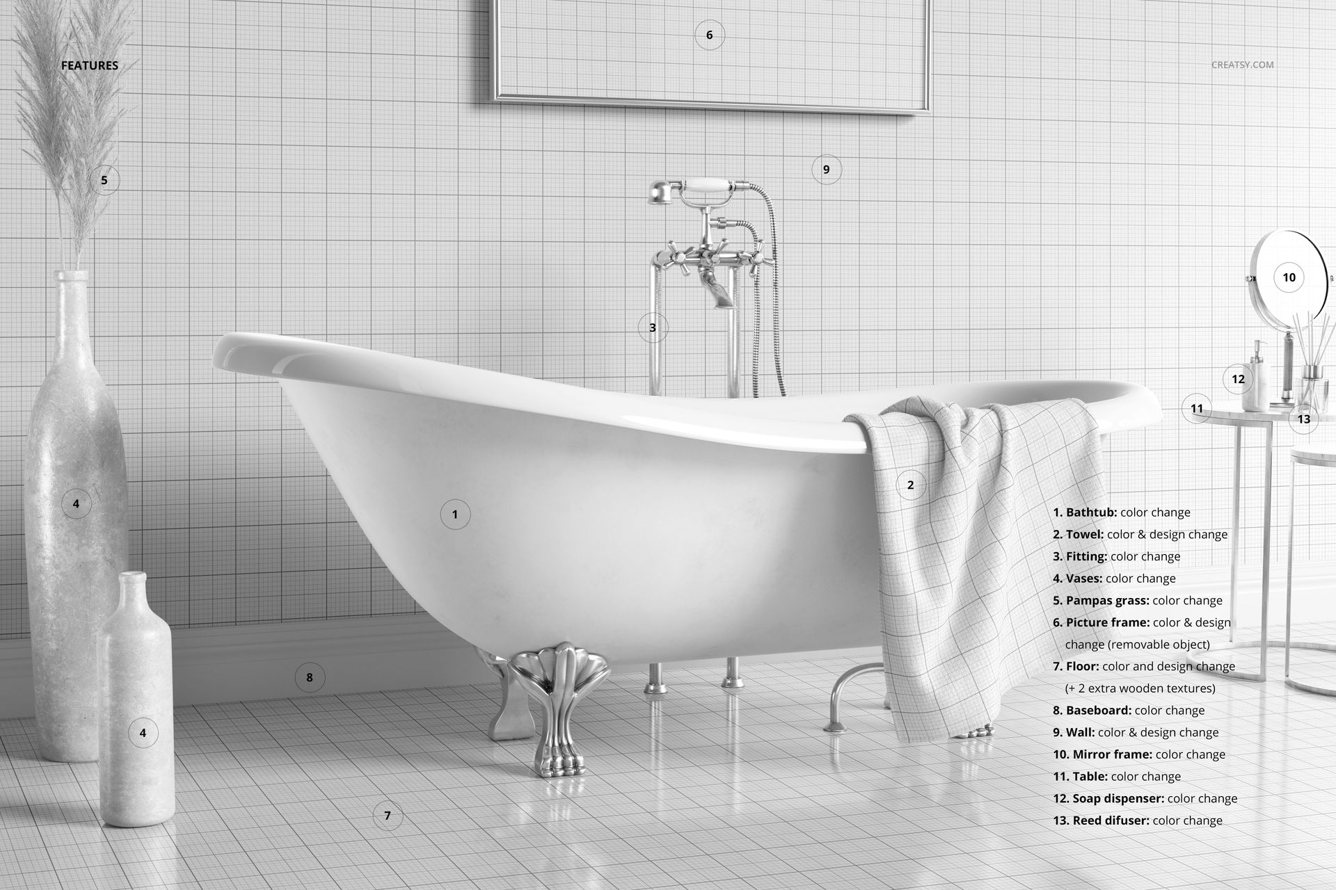 Victorian style bathroom mockup featuring a clawfoot bathtub, towel draped over the edge, and grid-tiled walls.