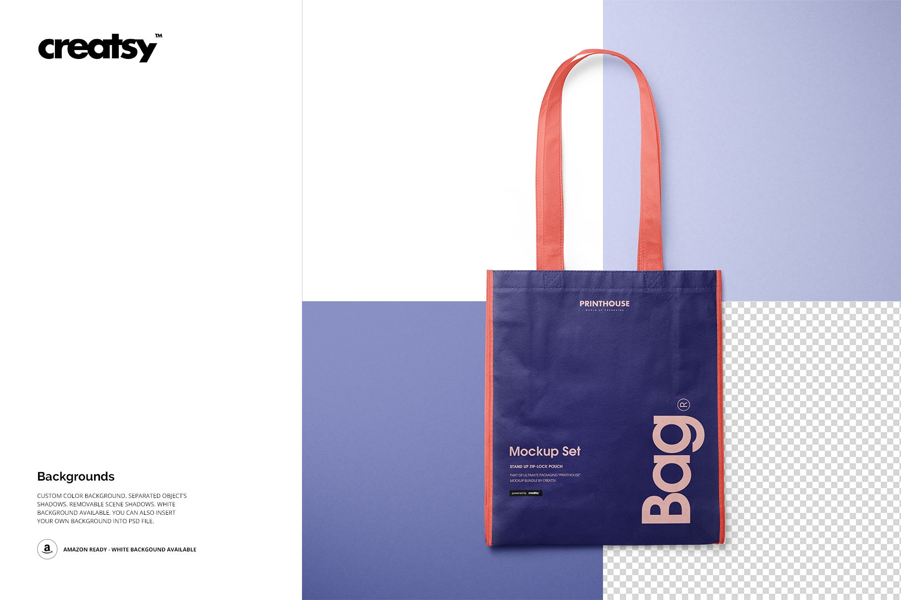 Front view of a laminated non-woven tote bag mockup with purple and pink colors, displayed on a split pastel background.