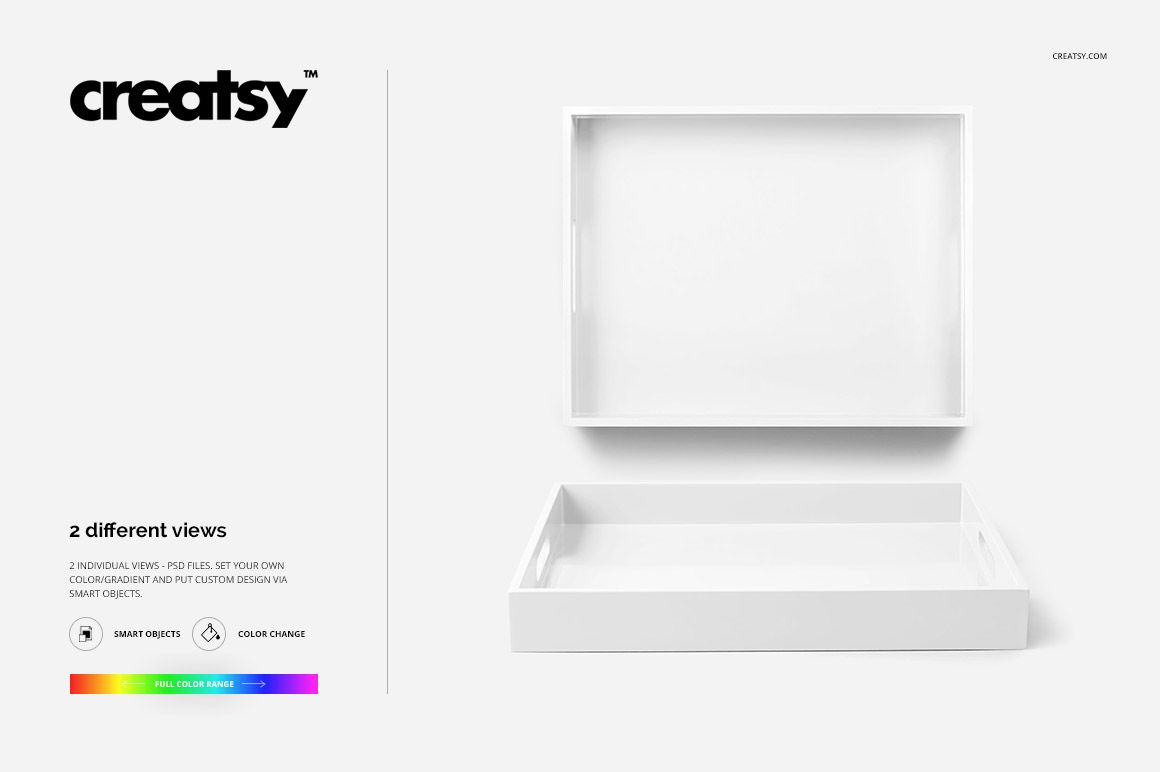 Rectangular white tray mockup shown from top and angled views on a plain white background with no decorations.