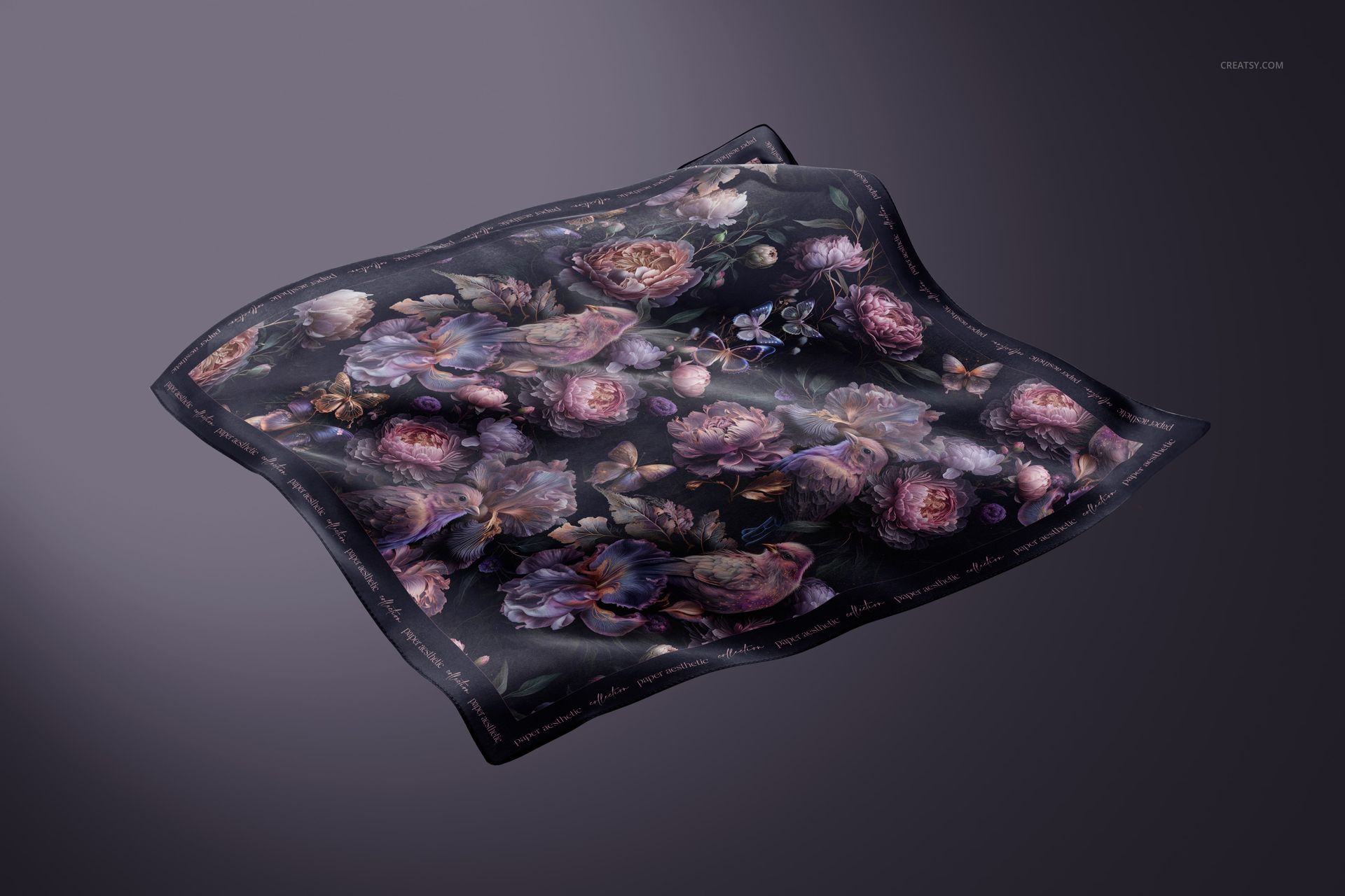 Silk scarf mockup featuring a square shape and elegant floral design, displayed from an angled top view.