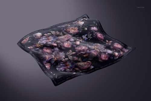 Silk scarf mockup featuring a square shape and elegant floral design, displayed from an angled top view.